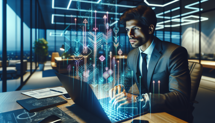 A focused entrepreneur in a modern Radstock office analyzes laptop graphs of website traffic, rising conversion rates, and engagement metrics showing growth.