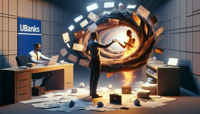 Debt Consolidation vs Bankruptcy Explained: Pros and Cons | DCL Debt Consolidation vs Bankruptcy Explained: Stressed person in a UK bank office merging scattered credit card bills and loans with an advisor, symbolizing debt relief.