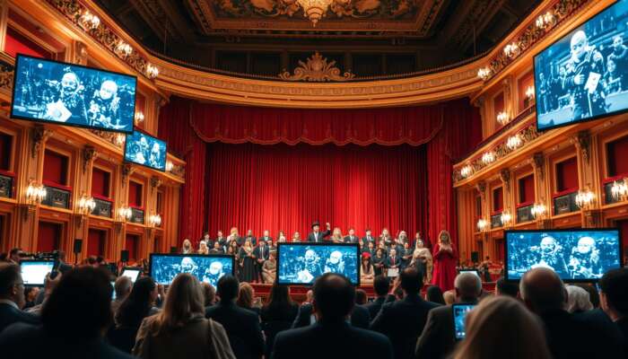 In a grand opera house, masked performers in elaborate costumes sing on stage, with digital screens streaming to virtual audiences, symbolising resilience amid global events.