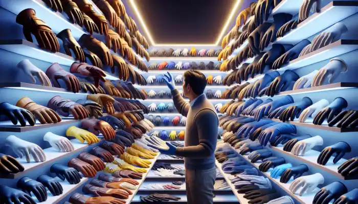 A shopper in a bright store examines rugged leather work gloves, flexible latex medical gloves, and insulated winter gloves, comparing textures and sizes.