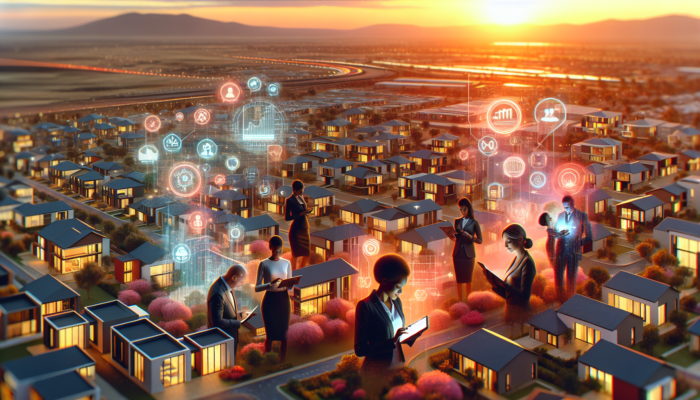 Aerial view of Klerksdorp's Wilkoppies and Baillie Park at sunset, with modern homes, rising price graphs, and professionals analysing data on tablets.
