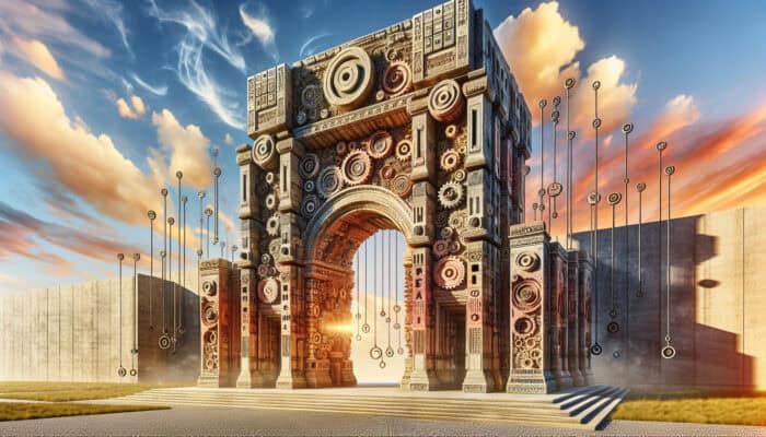 Delegation Frameworks for Business Scaling with Human VAs: A grand stone archway represents business delegation, with pillars of role icons, flowing communication streams, feedback gears, and a supporting corporate tower under a vibrant sky.