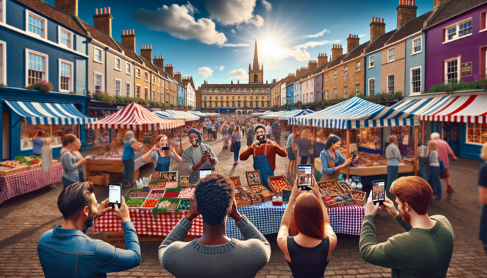 A vibrant market square in Midsomer Norton featuring historic Georgian architecture, colourful stalls, and marketers capturing Instagram moments beneath a sunny sky.