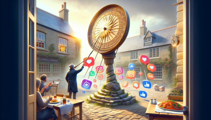 A small business owner in Midsomer Norton analysing Instagram metrics on a laptop, surrounded by engagement icons and an image of a new dish.