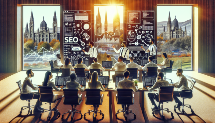Diverse SEO experts in a modern Yeovil office discussing on-page strategies, surrounded by laptops with code and graphs, and historic landmarks visible through windows.