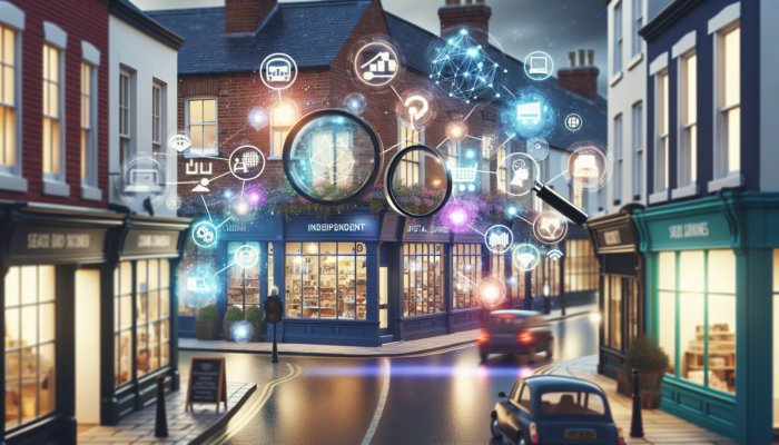 E-commerce SEO in Chipping Sodbury for Small Businesses: A bustling Chipping Sodbury high street with a cozy shop, overlaid by glowing SEO keywords, ascending graphs, and a magnified search page.