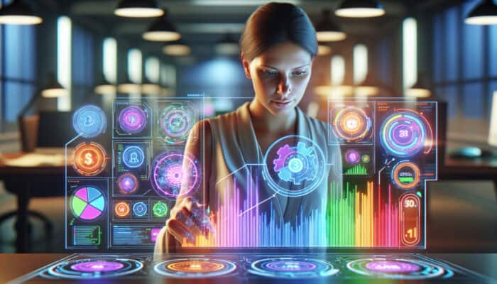 A determined marketer in a high-tech office analyzes holographic dashboards showing ad metrics, bidding strategies, and real-time budget flows under neon lighting.