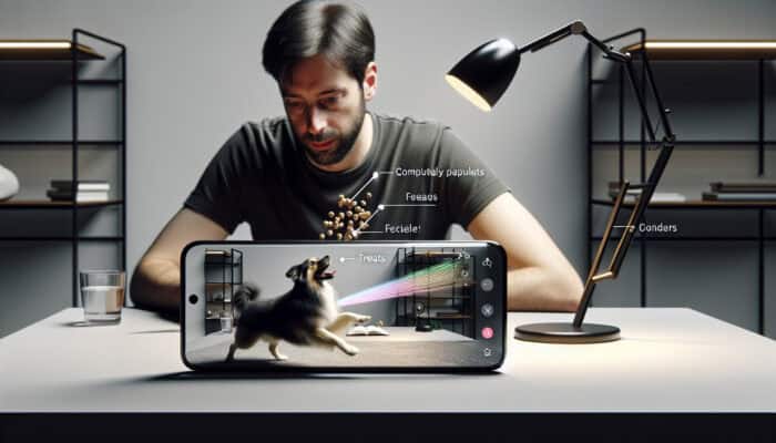 Pet owner at desk watches smartphone live feed of playful dog, using two-way audio and treat dispenser amid motion alerts.