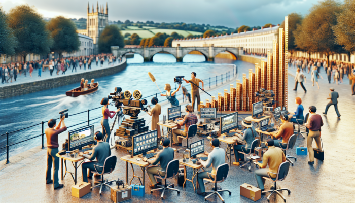 A diverse team of video producers filming by the river in Frome, surrounded by cameras, editing screens, and success charts.