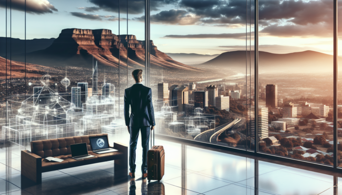 Young professional in modern attire in a stylish Rustenburg apartment, overlooking city skyline and mountains, with suitcase and laptop symbolising mobility.