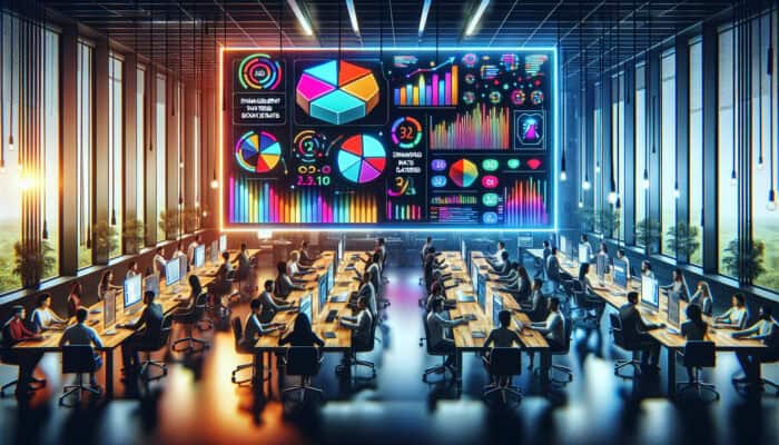 A modern office dashboard displaying graphs of engagement, bounce, and conversion rates, with a team analyzing data on screens.