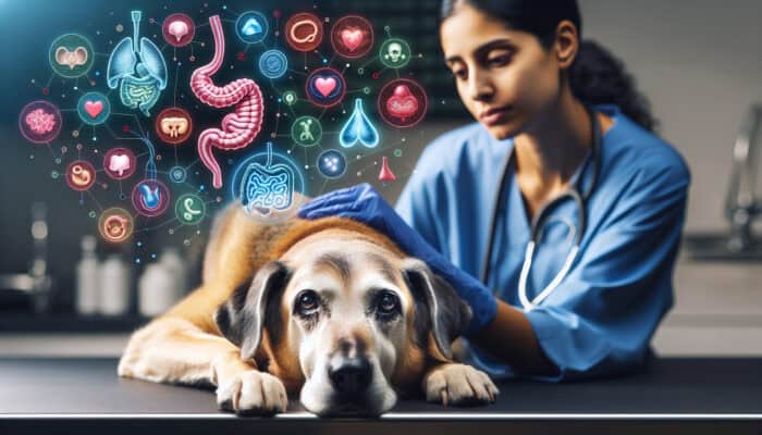 A weary senior dog lies on a vet's table, surrounded by medical charts of gastrointestinal and organ issues, as a concerned veterinarian examines it.