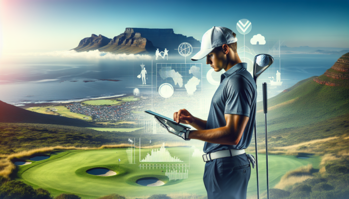 A professional golfer analyzes performance data on a tablet on a lush South African course with ocean and savannah views.