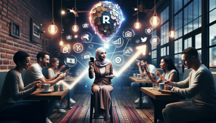 A small business owner captures a promotional video in a bustling café, surrounded by increasing sales graphs, online customers, and vibrant social media icons.