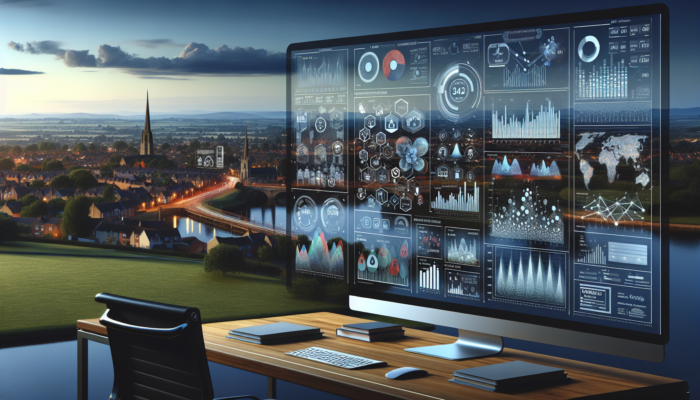 A dynamic dashboard in a modern office displaying colourful analytics metrics and audience feedback surveys against the Sherborne skyline.