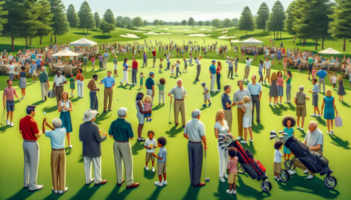 Diverse families and locals gather at Cullinan Golf Club for a charity tournament on lush green fairways under a sunny sky.