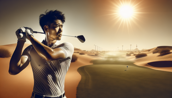 Golfer sweating on a sun-scorched desert course, adjusting swing amid heat waves and harsh sunlight, showing performance strain.