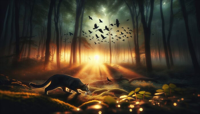 A serene forest at dawn: a sleek cat stalking prey with focus, while birds soar in synchrony above.