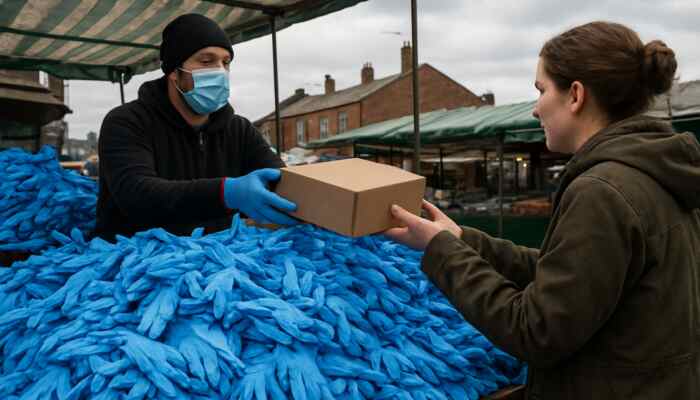Vendor handing blue latex gloves at bustling Oldham market stall.