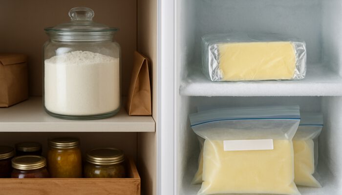 Tidy kitchen pantry with sealed flour jar, foil-wrapped butter in fridge, and frozen buttermilk cubes for baking.