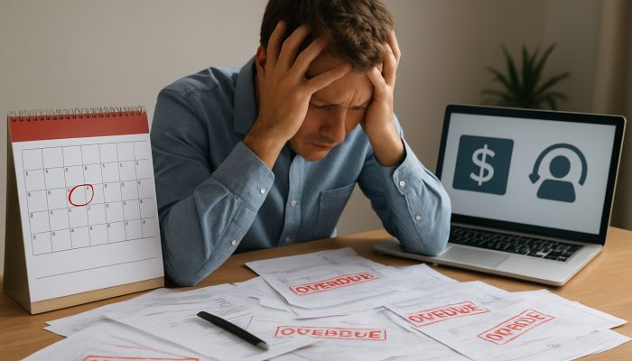 Stressed person at cluttered desk with overdue bills, red-marked calendar, and laptop showing loan payment advice.