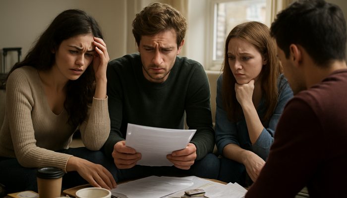 Stressed co-tenants in a cluttered London flat huddle around unpaid rent bills, one turning away.