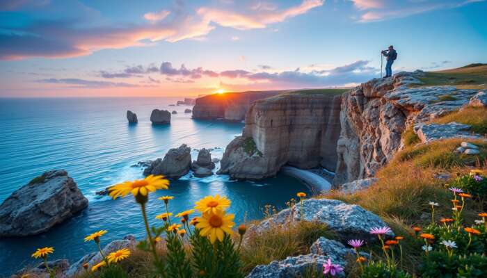 Photographer on a coastal cliff at dawn captures a vibrant sunrise over turquoise waters, with golden light illuminating wildflowers and rugged rocks, avoiding crowds.