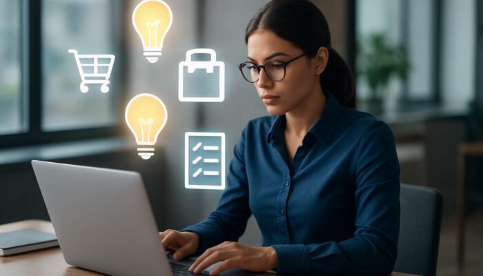 Digital marketer developing e-commerce content at desk with floating icons and ideas.