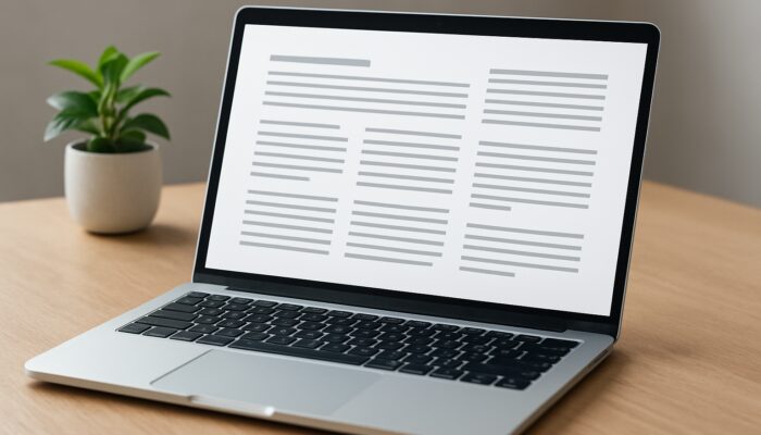 A laptop screen showcasing a clean blog page with sans-serif fonts, well-spaced paragraphs, and balanced layout.