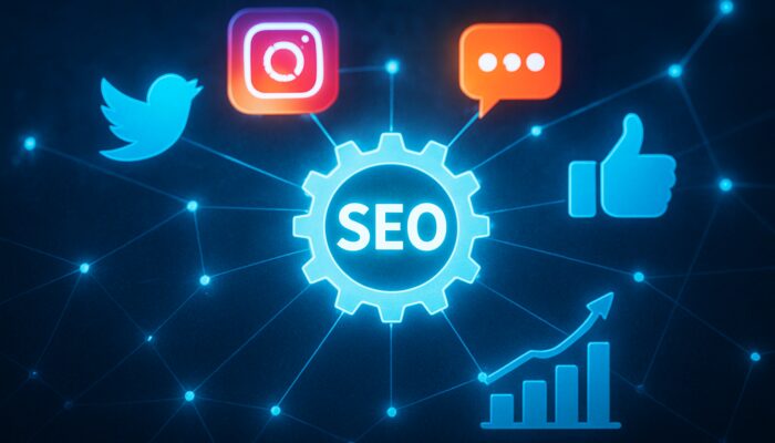 Social media icons connecting to a central SEO engine with rising graphs and keywords.