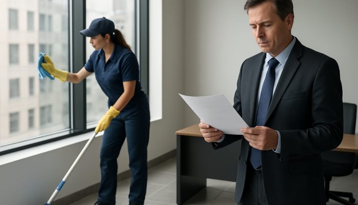 Professional cleaner scrubbing the floors and windows of an Ilchester office while the owner reviews the invoice costs.