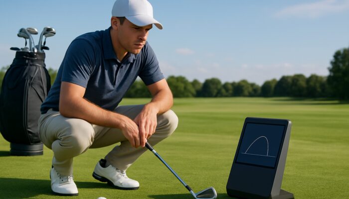 Concentrated golfer reviewing data from a golf launch monitor at a lush driving range.