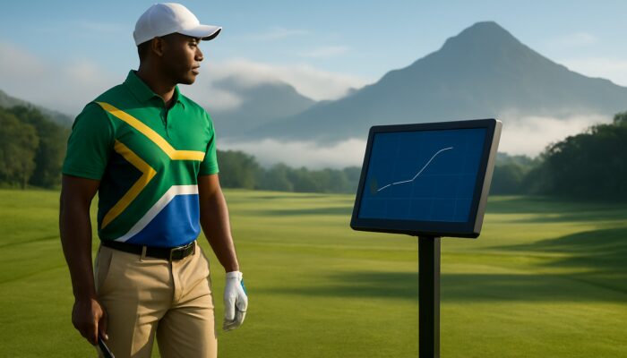 South African golfer examining swing data on a launch monitor at a lush course in KwaZulu-Natal with misty mountains.