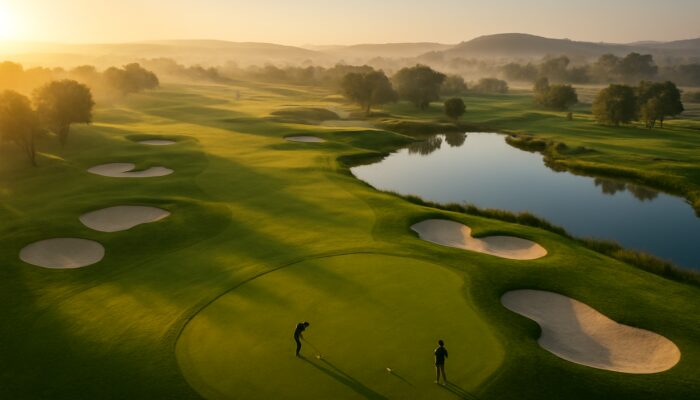 Aerial view of Maccauvlei Golf Club's dawn courses showcasing lush fairways, bunkers, and teeing golfers.