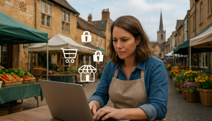 Small business owner in Newent configuring WooCommerce dashboard on laptop surrounded by market stalls and e-commerce icons.