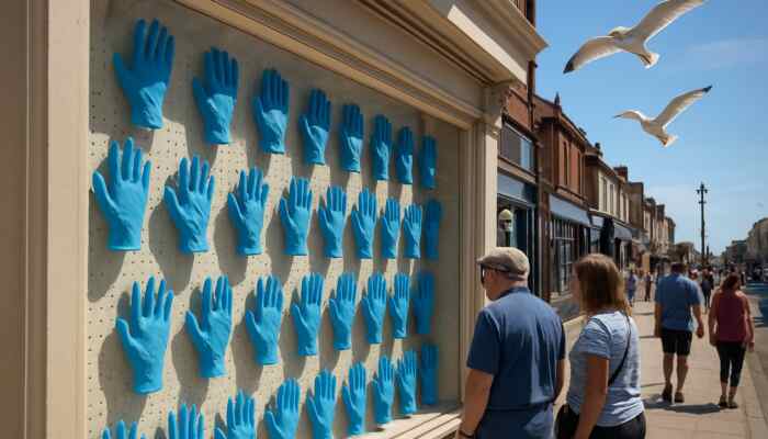 Showcase of blue latex gloves in a bright Lytham St Annes shop window, bathed in sunlight with seagulls in the background.