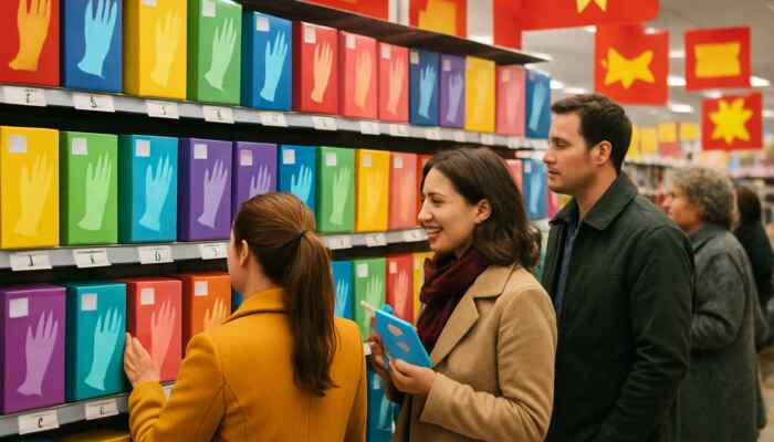 Lively Lytham St Annes shop showcasing colourful boxes of latex gloves, priced between £5 and £15, with eager customers evaluating their options.