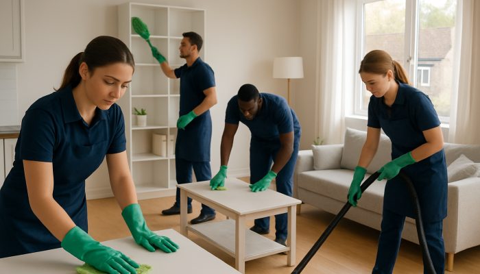 Professional cleaners in uniforms tidying a well-lit UK apartment with eco-friendly tools.