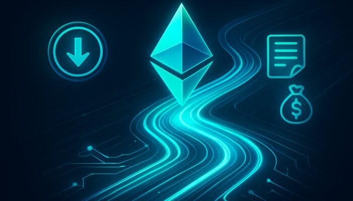 Neon blue-green visualisation depicting dramatic reductions in Ethereum gas fees through optimised glowing blockchain pathways.