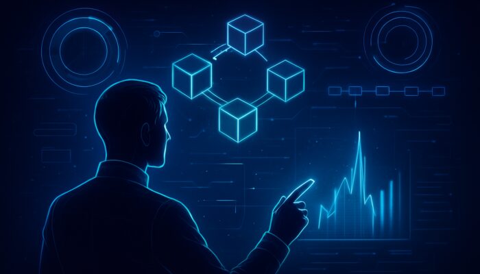 Futuristic analyst examining holographic blockchain charts to detect gas fee spikes amidst neon cyber timelines