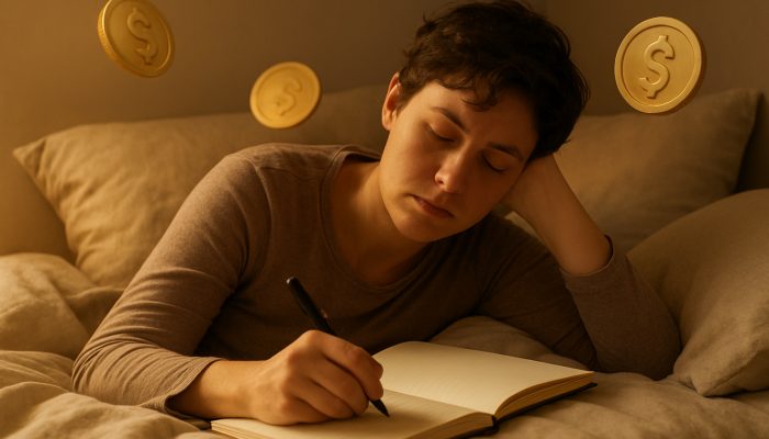 Tired person resting in bed drafting a gentle debt repayment strategy in a journal with warm golden light