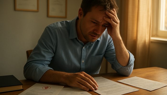 Concerned individual at a sunlit desk with medical certificates, bills, and letters requesting creditor relief