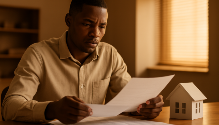 South African applicant reviewing payslips and contracts for home loan at a bank.