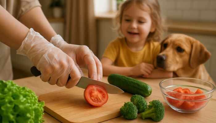 Hands in clear vinyl gloves preparing fresh food in a cozy family kitchen with a child and pet nearby