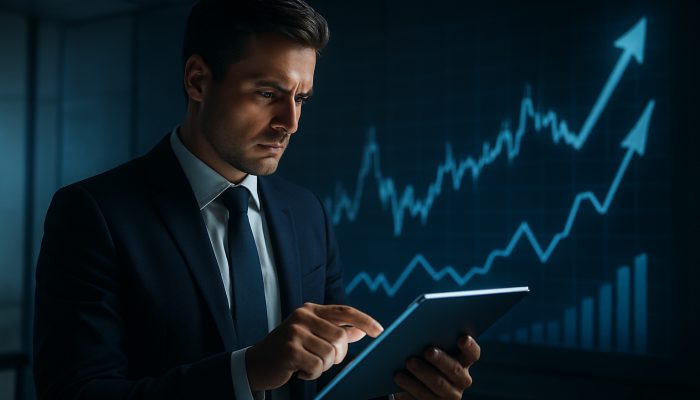 Reviewing Your Plan As Prices Change: Essential Steps | DCL Entrepreneur analysing financial plan on glowing tablet amidst rising price charts in modern office