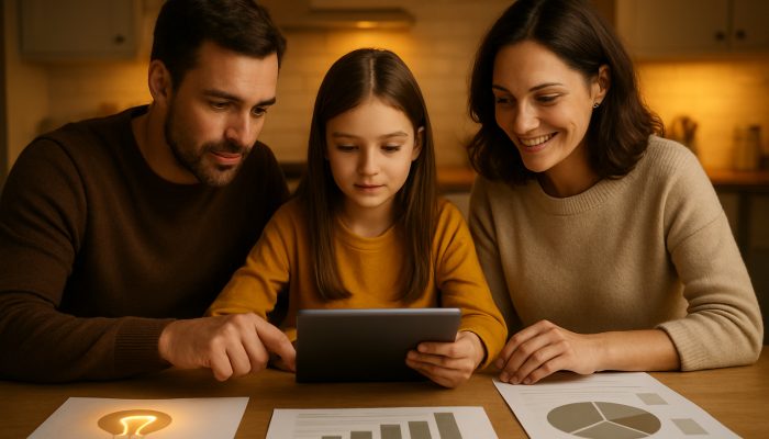Reviewing Your Plan As Prices Change: Essential Steps | DCL Family reviewing energy bills on tablet at kitchen table against backdrop of income charts for financial control