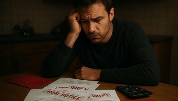 Concerned individual at dim table with overdue gas, electricity and water bills marked final notice