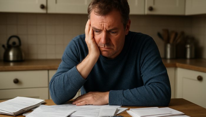 Recognising Financial Risks from Support Payments | DCL Anxious British resident surrounded by council tax bills and support letters at a cluttered table