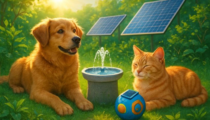 Dog and cat lounging with solar-powered pet gadgets in a sunny eco-friendly garden equipped with solar panels.