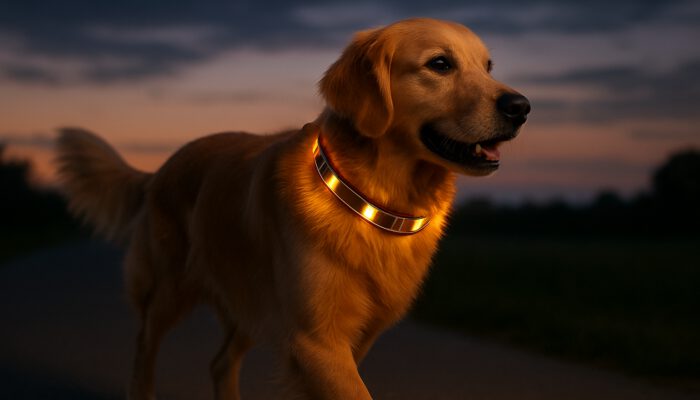 Golden retriever at dusk wearing a luminous solar-powered LED collar equipped with solar panels for visibility.
